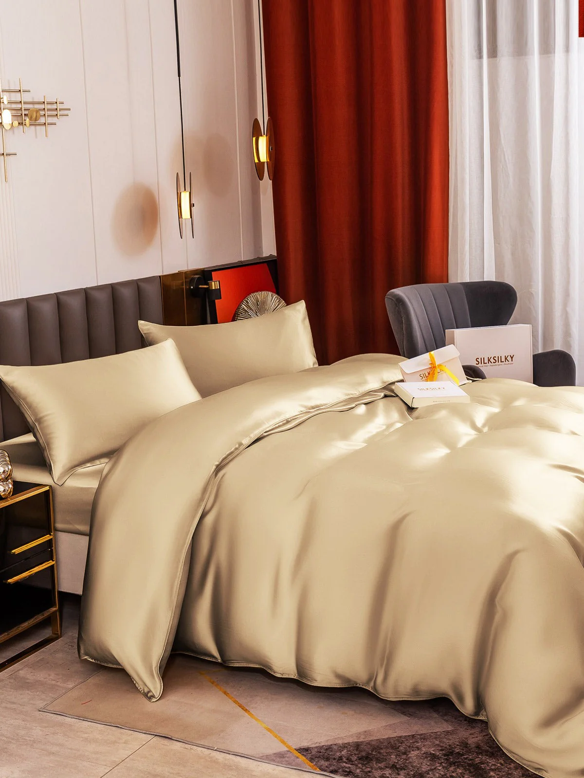19Momme 4pcs Housse de couette+Taie d‘oreiller + Drap Housse - Image 90