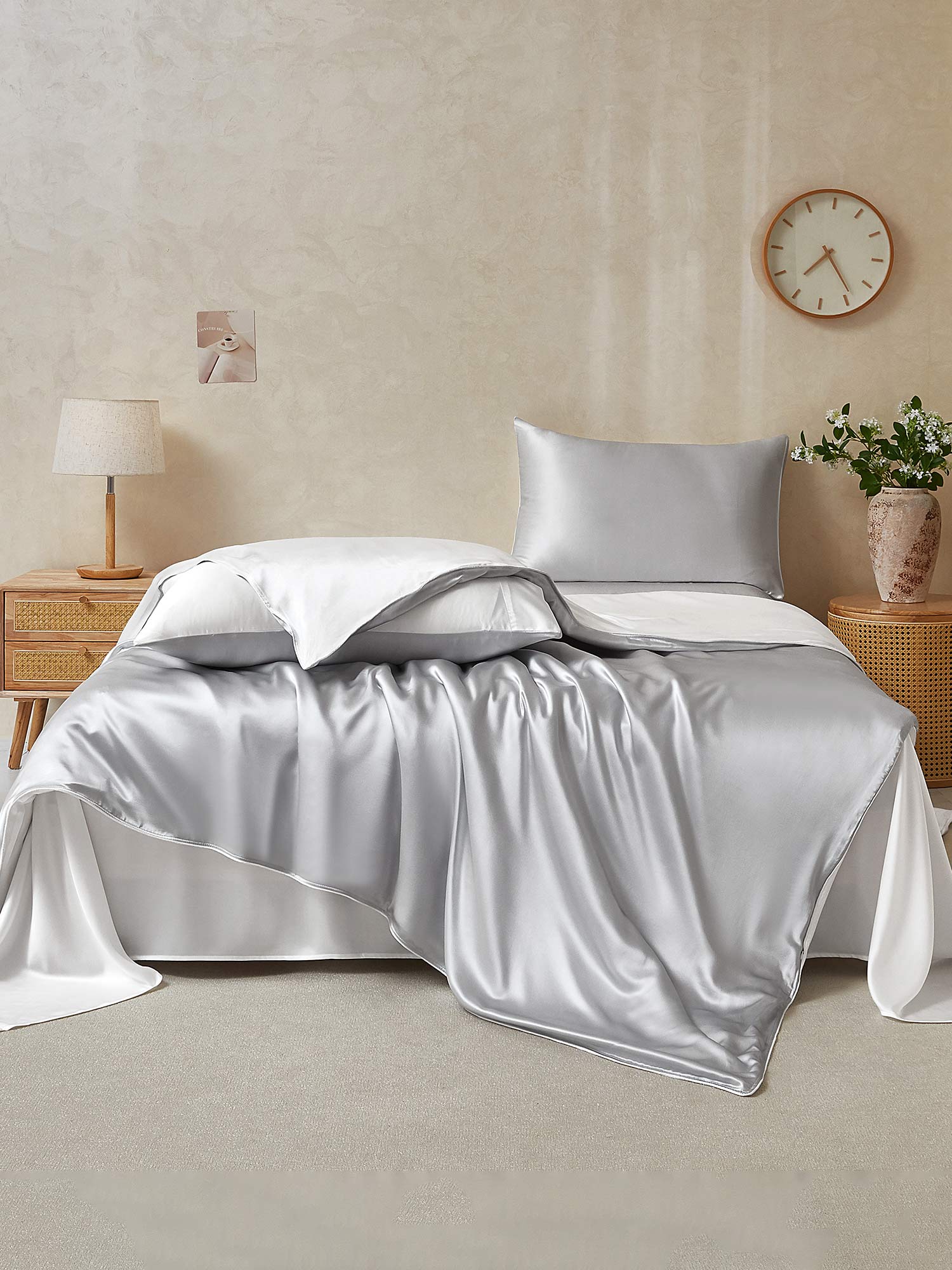 19Momme 4Pcs Housse de couette+Taie d‘oreiller + Draps Plat - Image 105