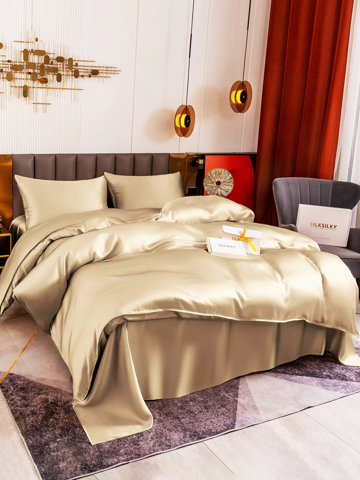 19Momme 4Pcs Housse de couette+Taie d‘oreiller + Draps Plat - Image 14
