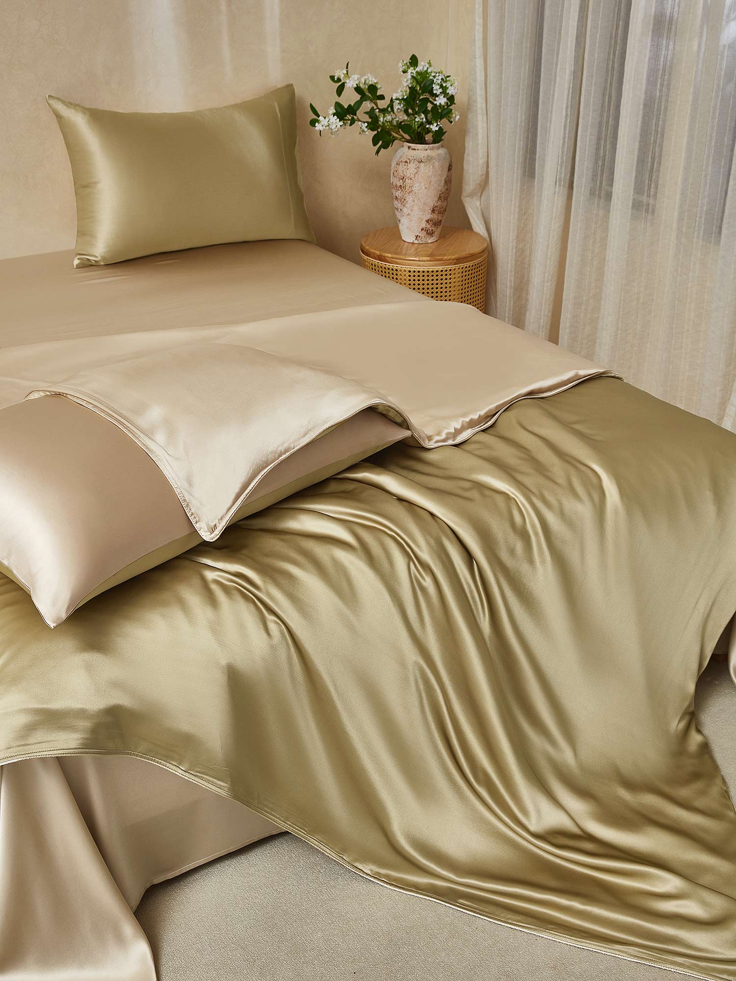 19Momme 4Pcs Housse de couette+Taie d‘oreiller + Draps Plat - Image 96