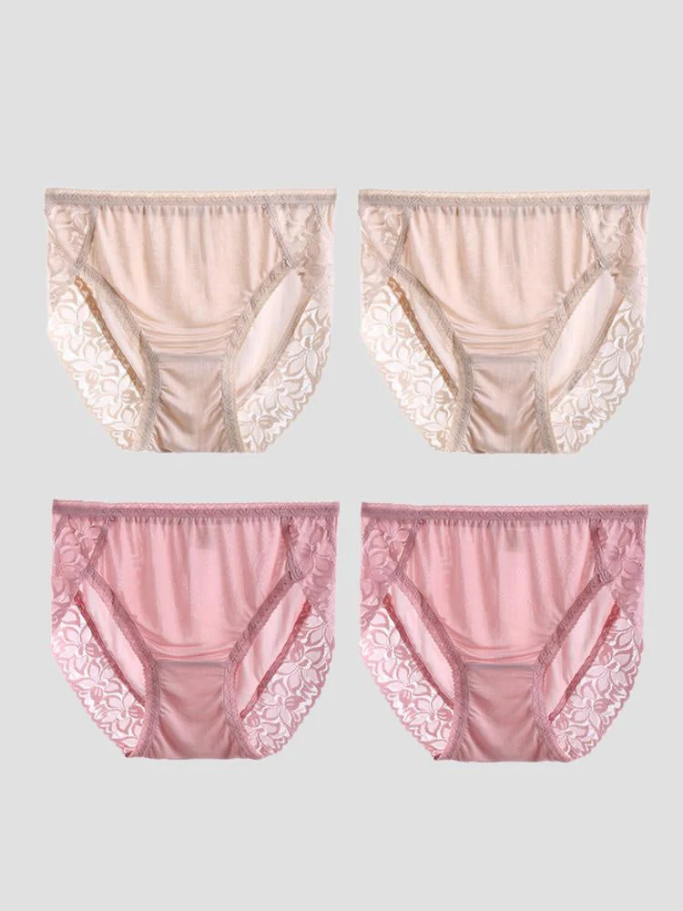 4 Pièces Culottes Sexy en Soie Jersey avec Dentelle pour Femme (Soutien-gorge Non Inclus) - Image 24