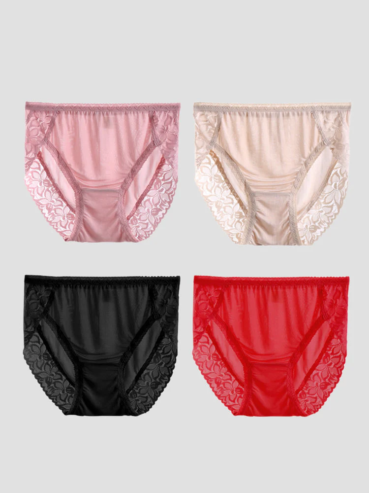 4 Pièces Culottes Sexy en Soie Jersey avec Dentelle pour Femme (Soutien-gorge Non Inclus) - Image 3