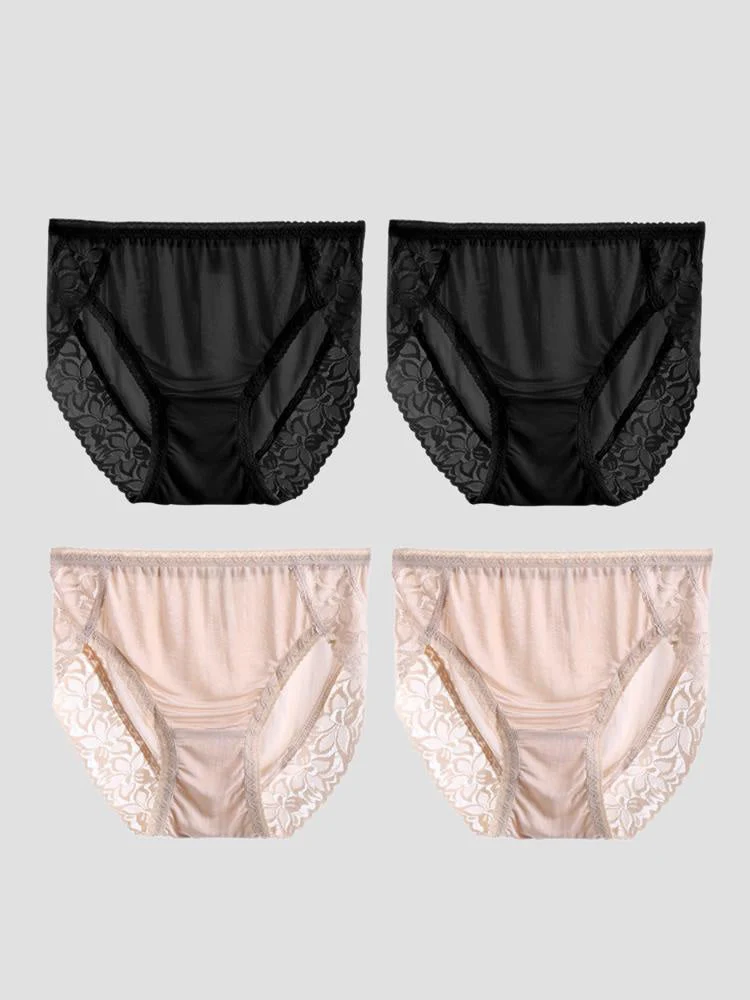 4 Pièces Culottes Sexy en Soie Jersey avec Dentelle pour Femme (Soutien-gorge Non Inclus) - Image 6