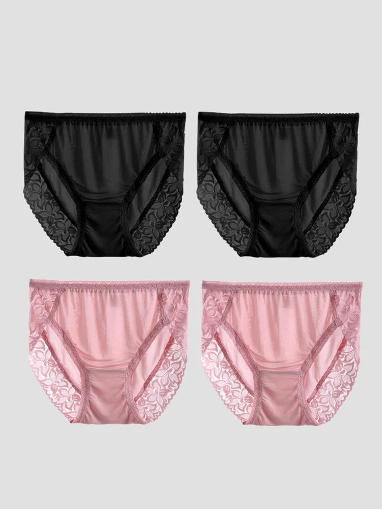 4 Pièces Culottes Sexy en Soie Jersey avec Dentelle pour Femme (Soutien-gorge Non Inclus) - Image 9