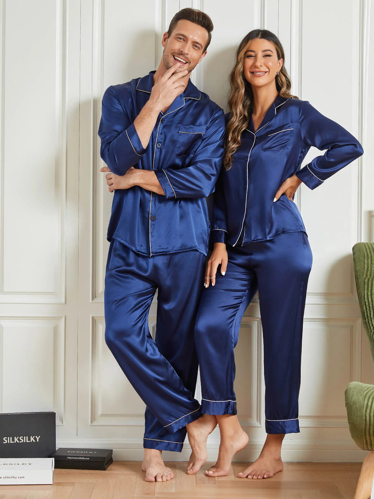 Ensembles de Pyjama Longs en Soie Pure pour Couple Total 4Pcs - Image 10