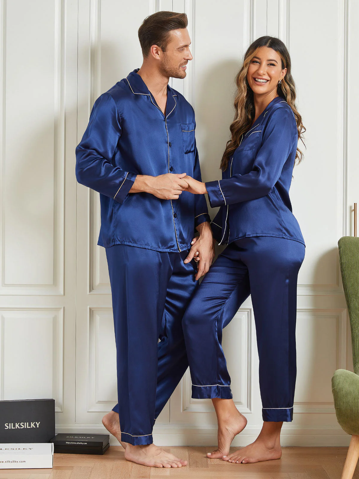 Ensembles de Pyjama Longs en Soie Pure pour Couple Total 4Pcs - Image 12