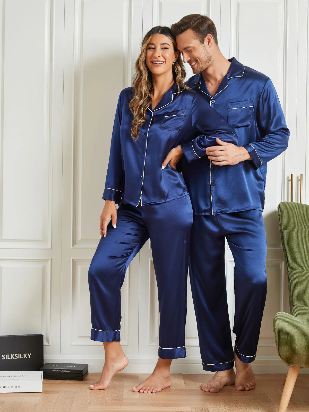 Ensembles de Pyjama Longs en Soie Pure pour Couple Total 4Pcs - Image 13