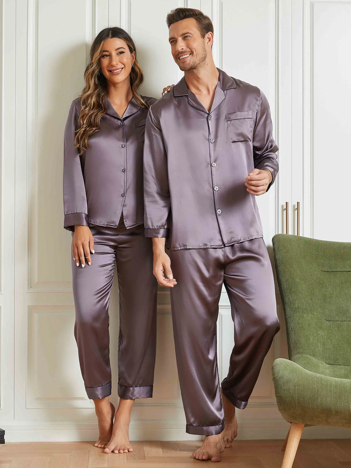 Ensembles de Pyjama Longs en Soie Pure pour Couple Total 4Pcs - Image 15