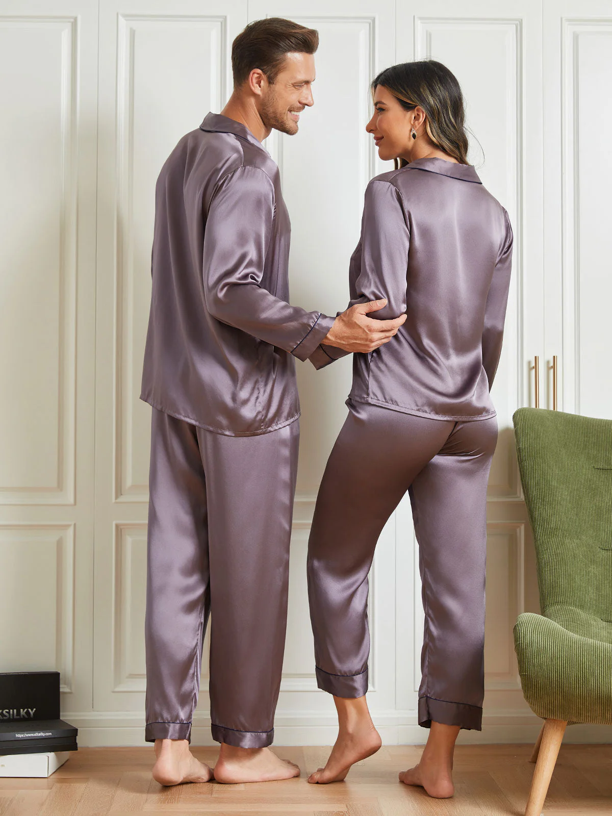 Ensembles de Pyjama Longs en Soie Pure pour Couple Total 4Pcs - Image 16