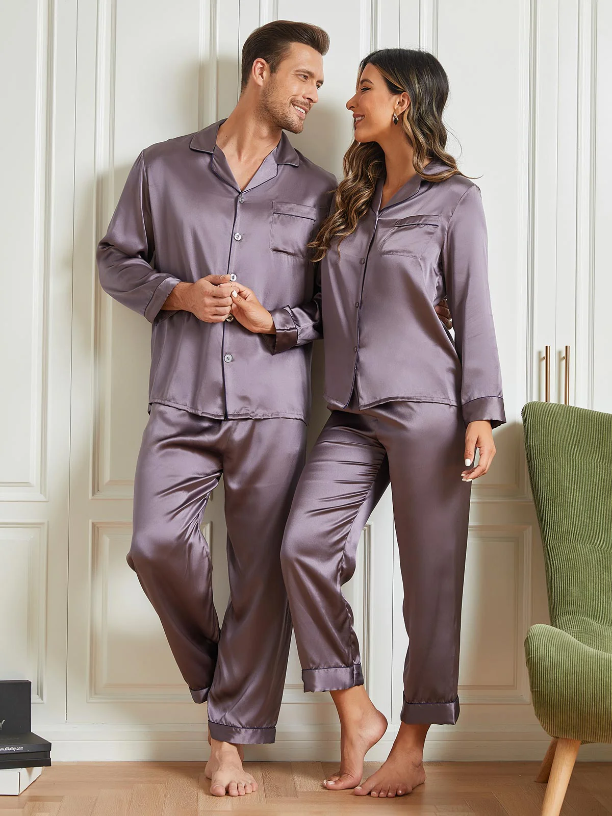 Ensembles de Pyjama Longs en Soie Pure pour Couple Total 4Pcs - Image 17