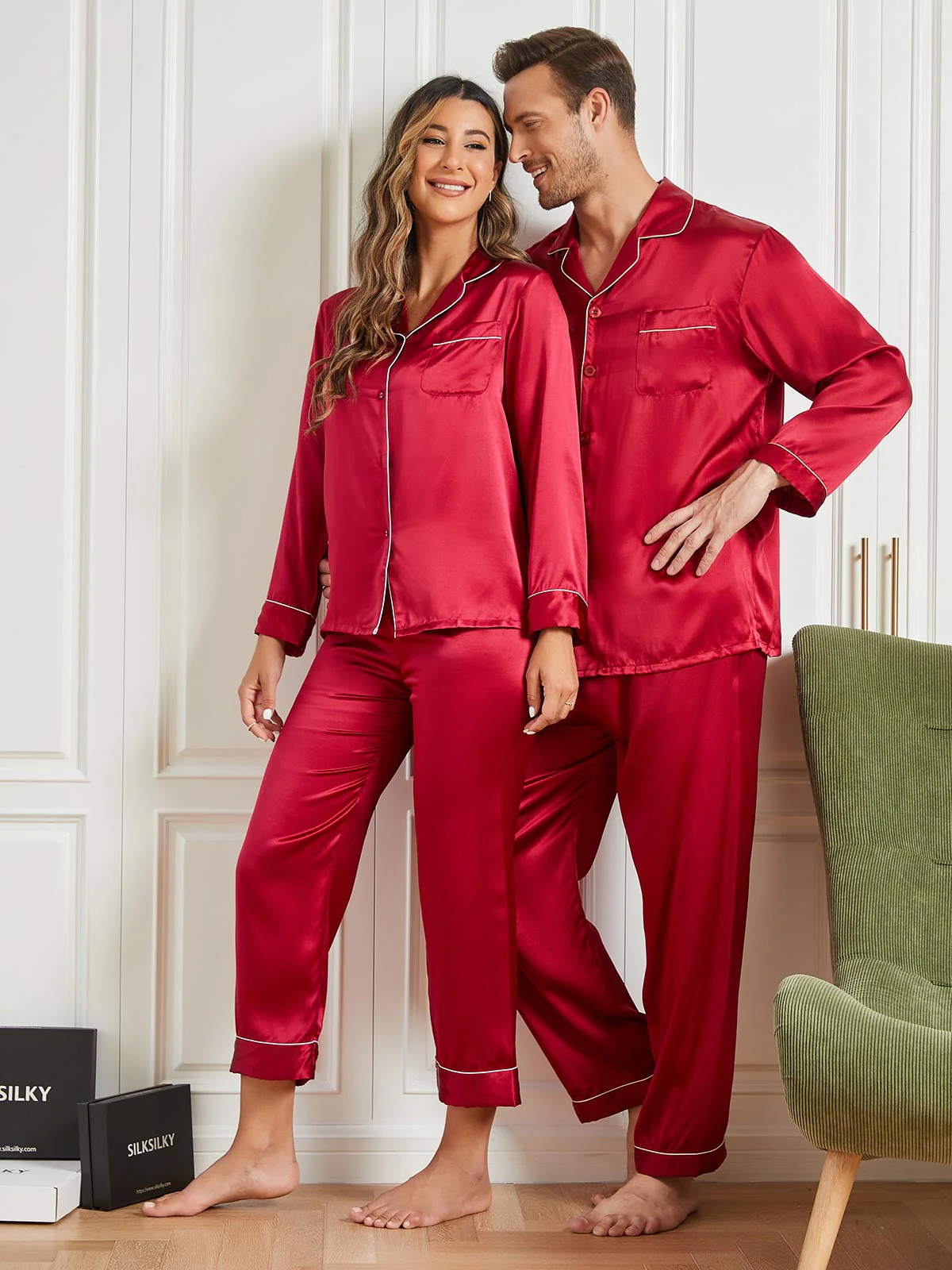 Ensembles de Pyjama Longs en Soie Pure pour Couple Total 4Pcs - Image 3