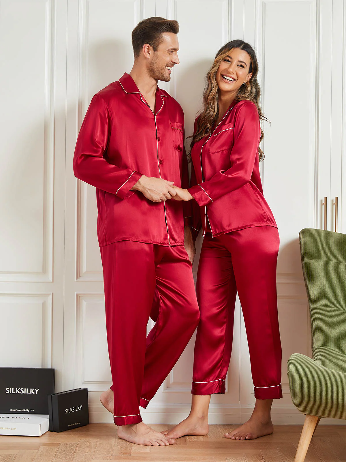 Ensembles de Pyjama Longs en Soie Pure pour Couple Total 4Pcs - Image 4