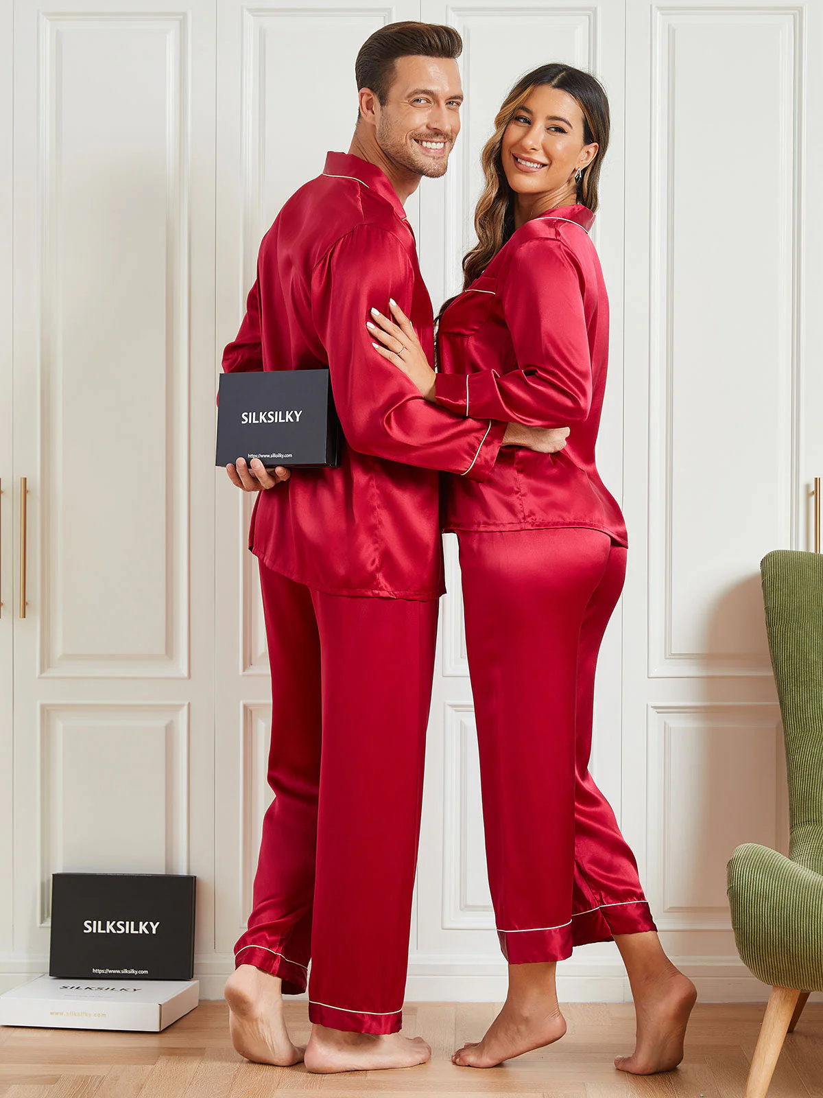 Ensembles de Pyjama Longs en Soie Pure pour Couple Total 4Pcs - Image 5