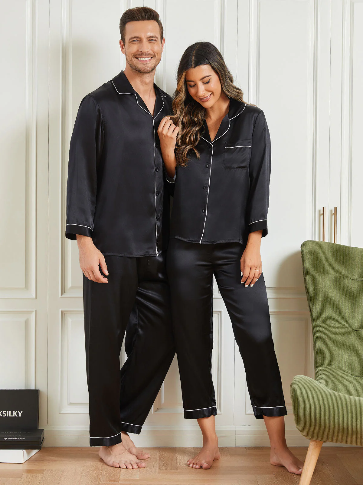 Ensembles de Pyjama Longs en Soie Pure pour Couple Total 4Pcs - Image 8