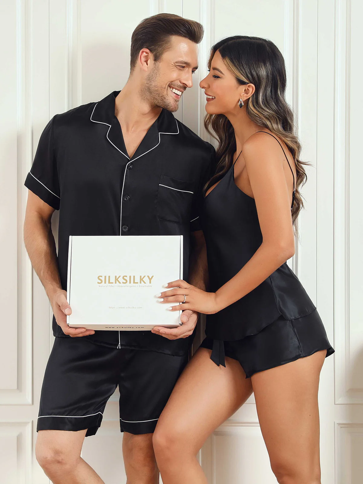 Ensembles de Pyjama Court en Soie Pure pour Couple Total 4Pcs - Image 10
