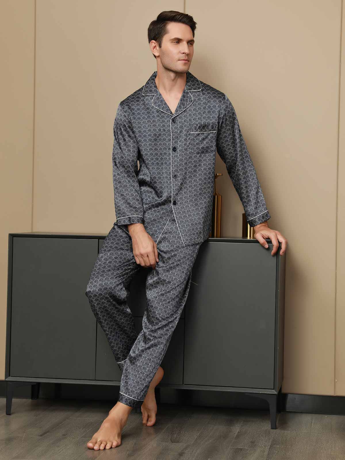 Ensemble Pyjama Homme En Soie Pure Imprimé Ginkgo Bleu Marine Manches Longues Avec Pantalon