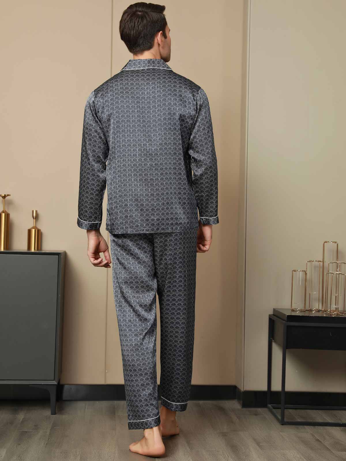 Ensemble Pyjama Homme En Soie Pure Imprimé Ginkgo Bleu Marine Manches Longues Avec Pantalon - Image 2