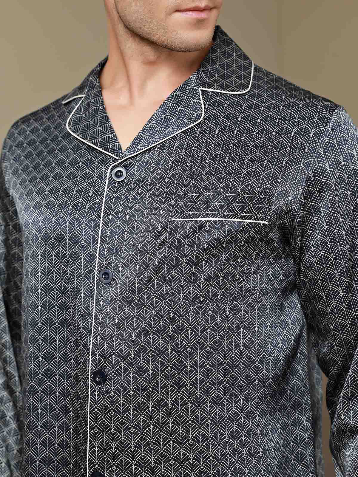 Ensemble Pyjama Homme En Soie Pure Imprimé Ginkgo Bleu Marine Manches Longues Avec Pantalon - Image 4