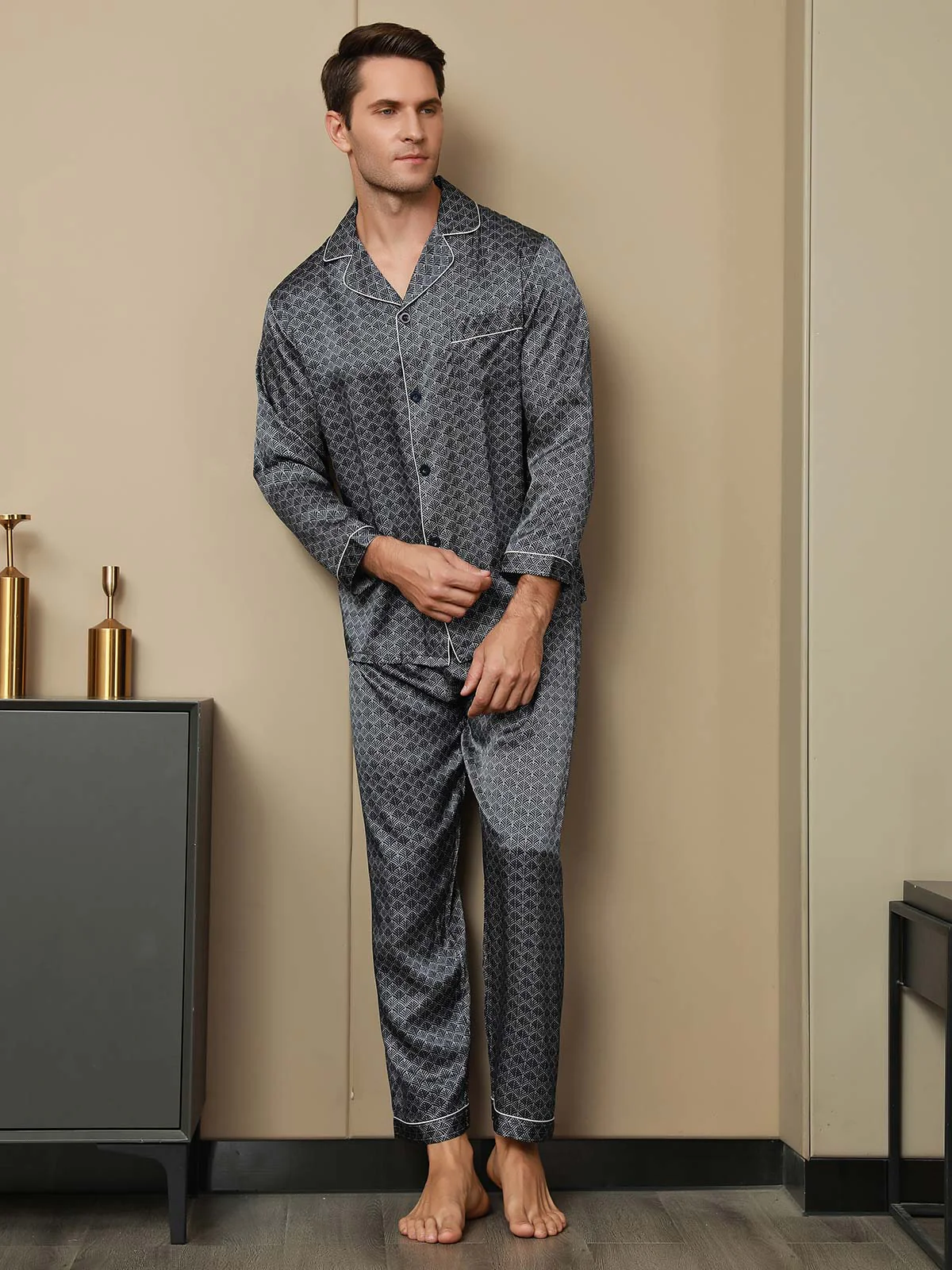 Ensemble Pyjama Homme En Soie Pure Imprimé Ginkgo Bleu Marine Manches Longues Avec Pantalon - Image 5