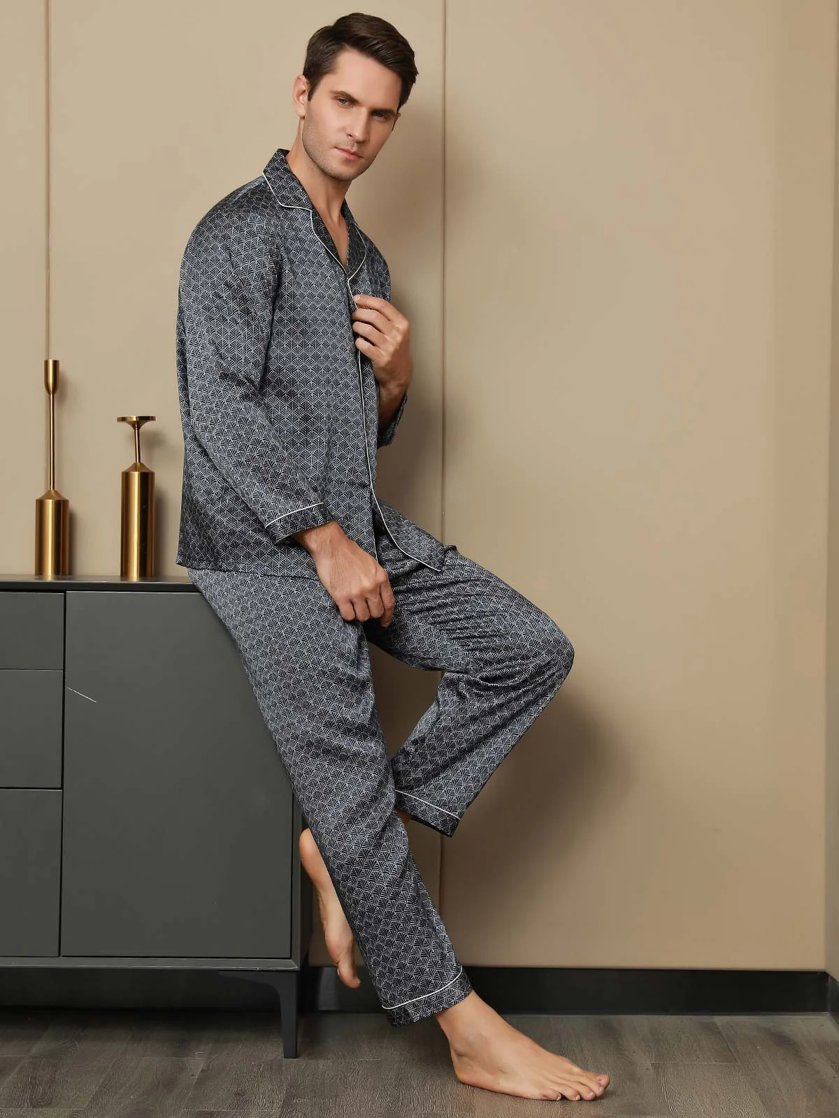 Ensemble Pyjama Homme En Soie Pure Imprimé Ginkgo Bleu Marine Manches Longues Avec Pantalon - Image 6