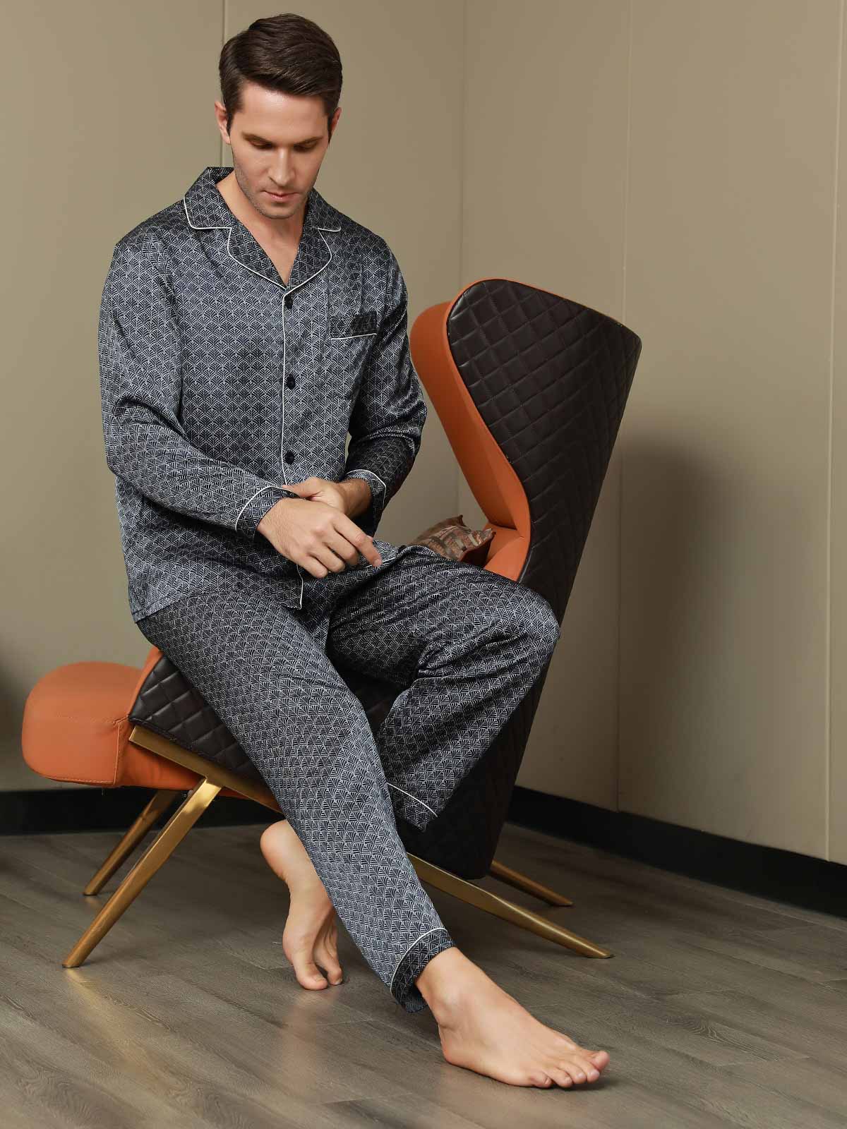 Ensemble Pyjama Homme En Soie Pure Imprimé Ginkgo Bleu Marine Manches Longues Avec Pantalon - Image 7