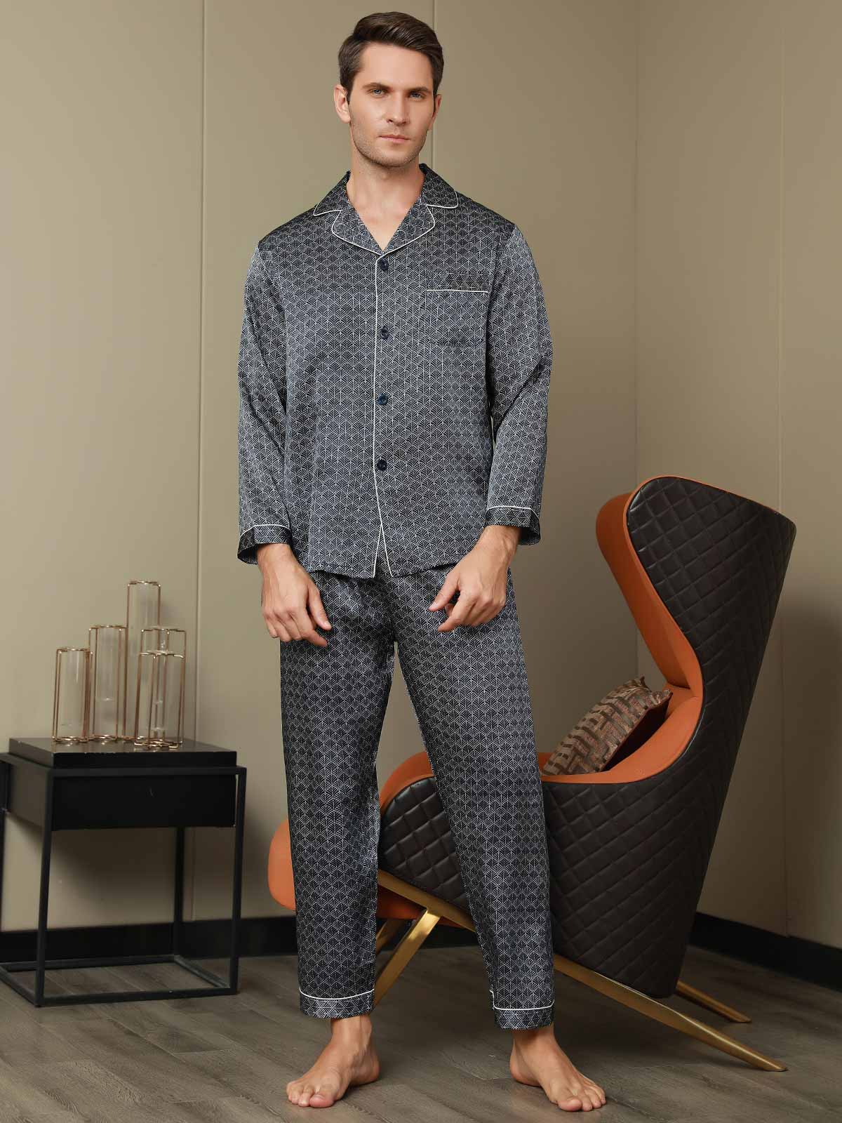 Ensemble Pyjama Homme En Soie Pure Imprimé Ginkgo Bleu Marine Manches Longues Avec Pantalon - Image 8