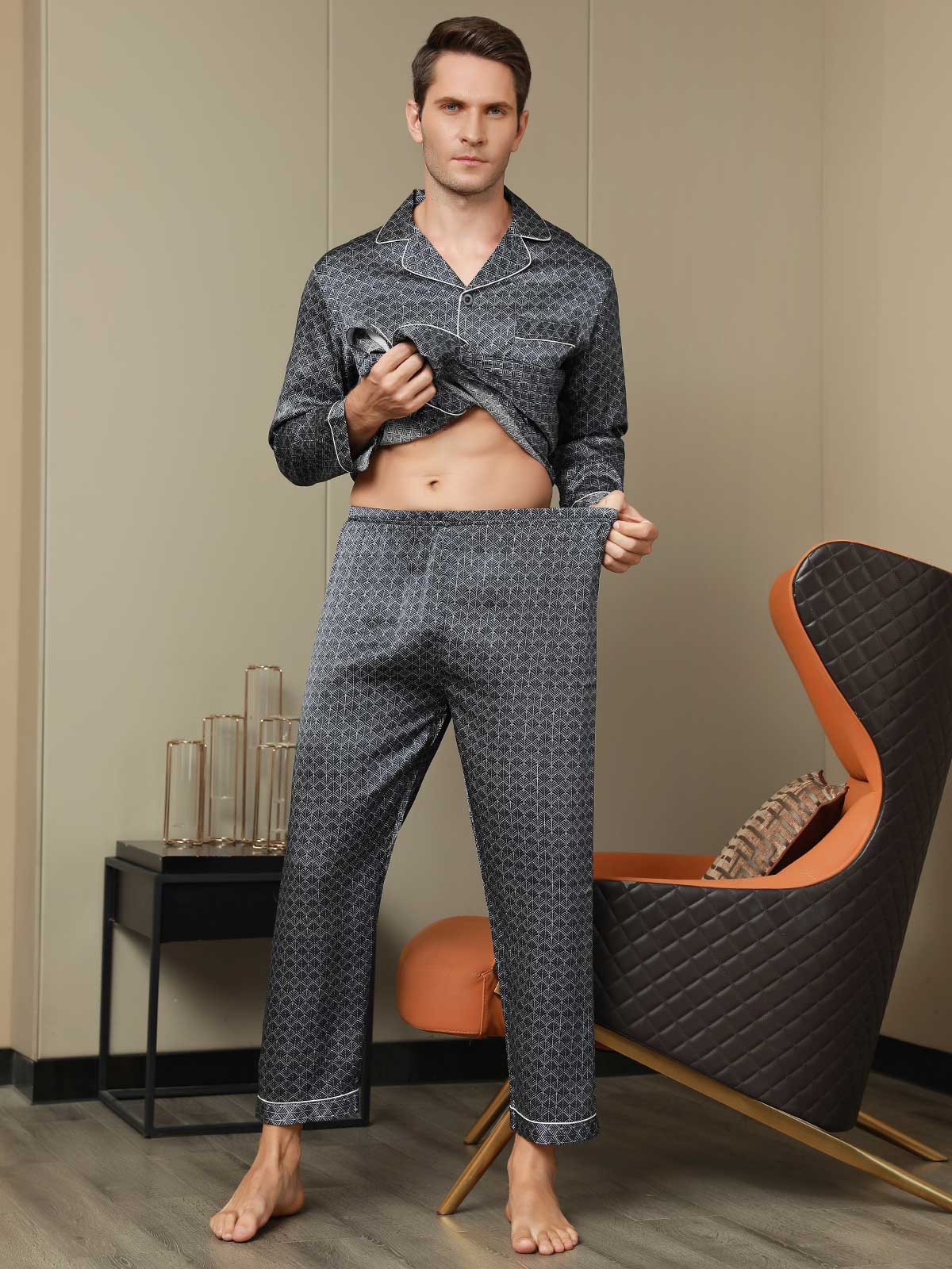 Ensemble Pyjama Homme En Soie Pure Imprimé Ginkgo Bleu Marine Manches Longues Avec Pantalon - Image 9