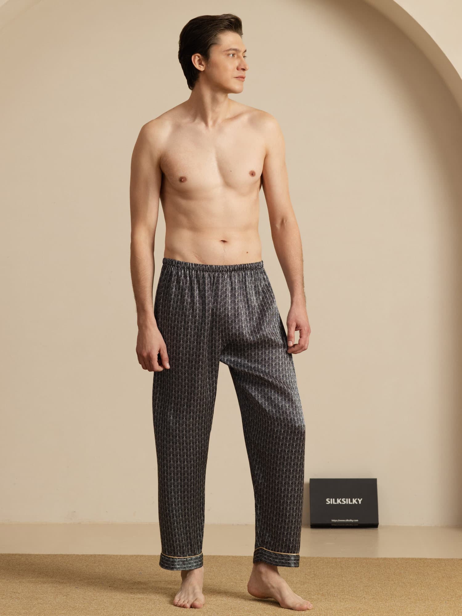 Pantalon De Nuit En Pure Soie Ginkgo Marine Pour Homme À Taille Élastique - Image 10