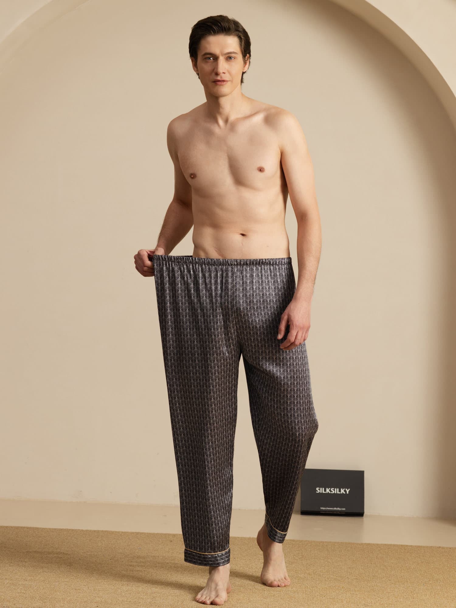Pantalon De Nuit En Pure Soie Ginkgo Marine Pour Homme À Taille Élastique - Image 11