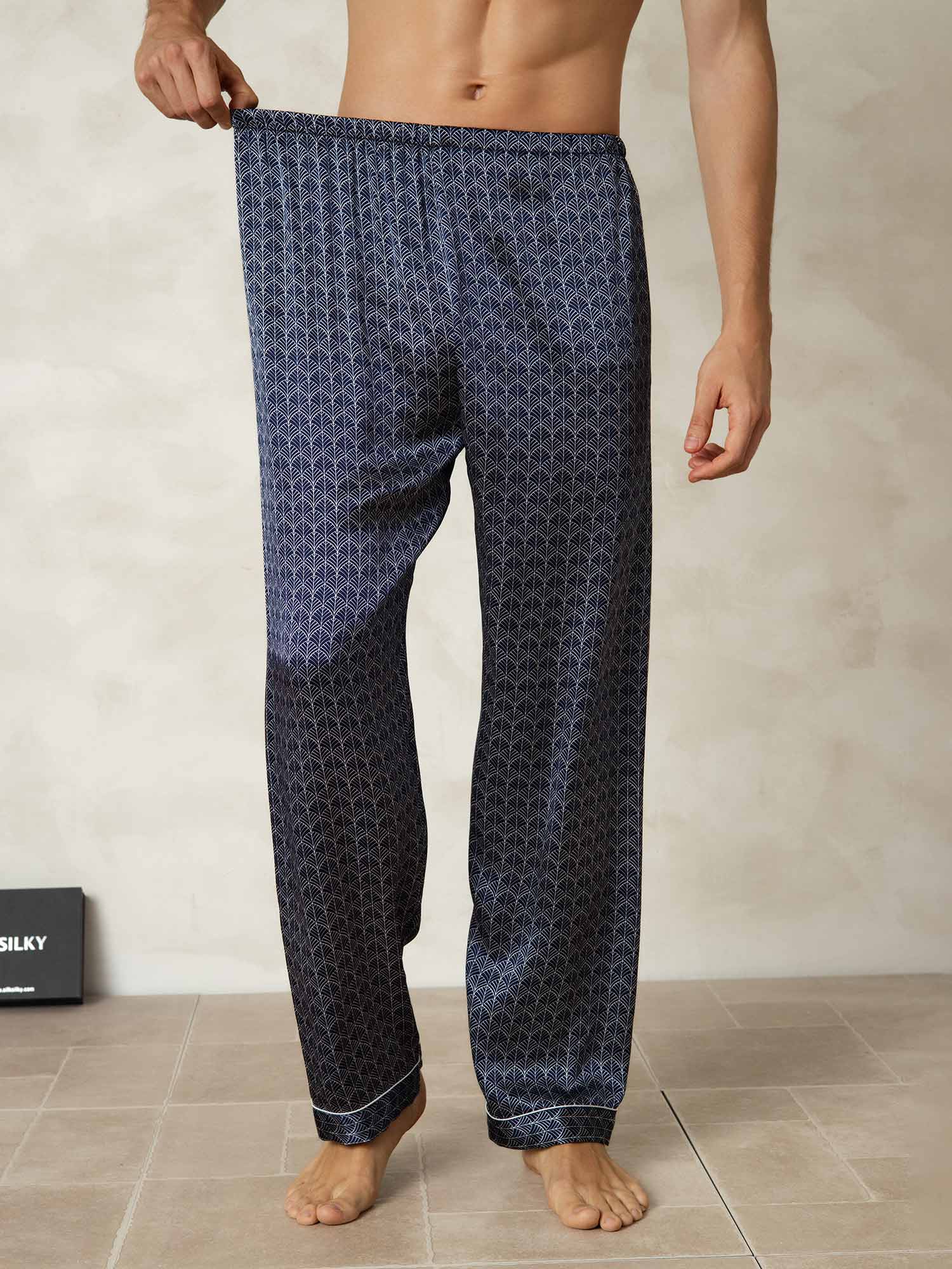 Pantalon De Nuit En Pure Soie Ginkgo Marine Pour Homme À Taille Élastique - Image 3