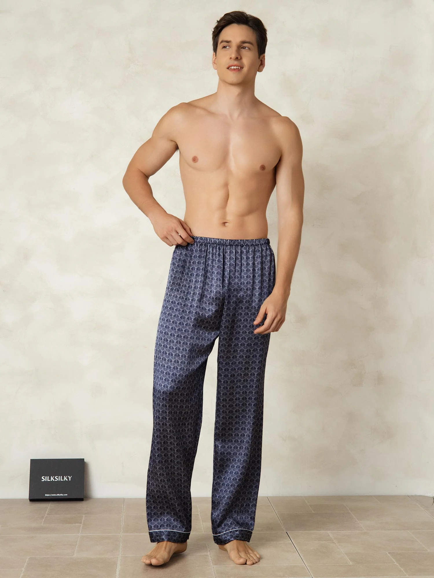 Pantalon De Nuit En Pure Soie Ginkgo Marine Pour Homme À Taille Élastique - Image 4