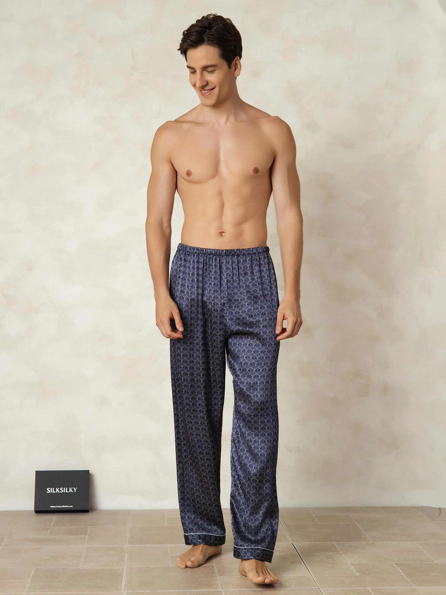 Pantalon De Nuit En Pure Soie Ginkgo Marine Pour Homme À Taille Élastique - Image 5