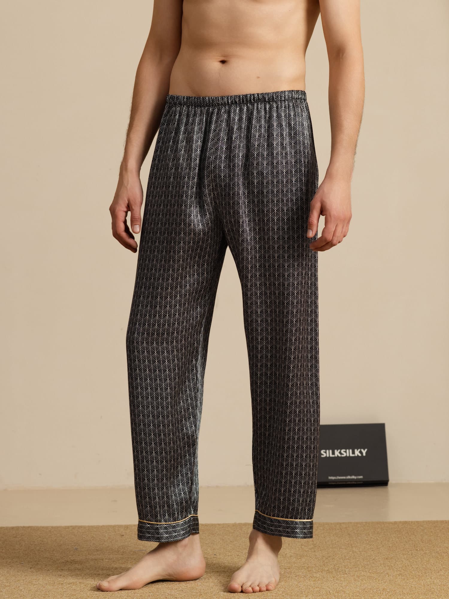 Pantalon De Nuit En Pure Soie Ginkgo Marine Pour Homme À Taille Élastique - Image 6