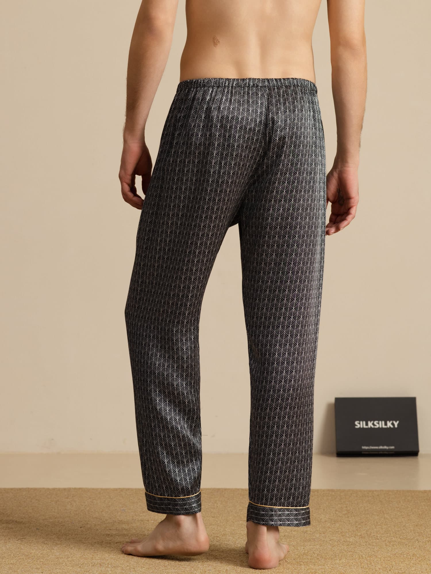 Pantalon De Nuit En Pure Soie Ginkgo Marine Pour Homme À Taille Élastique - Image 7