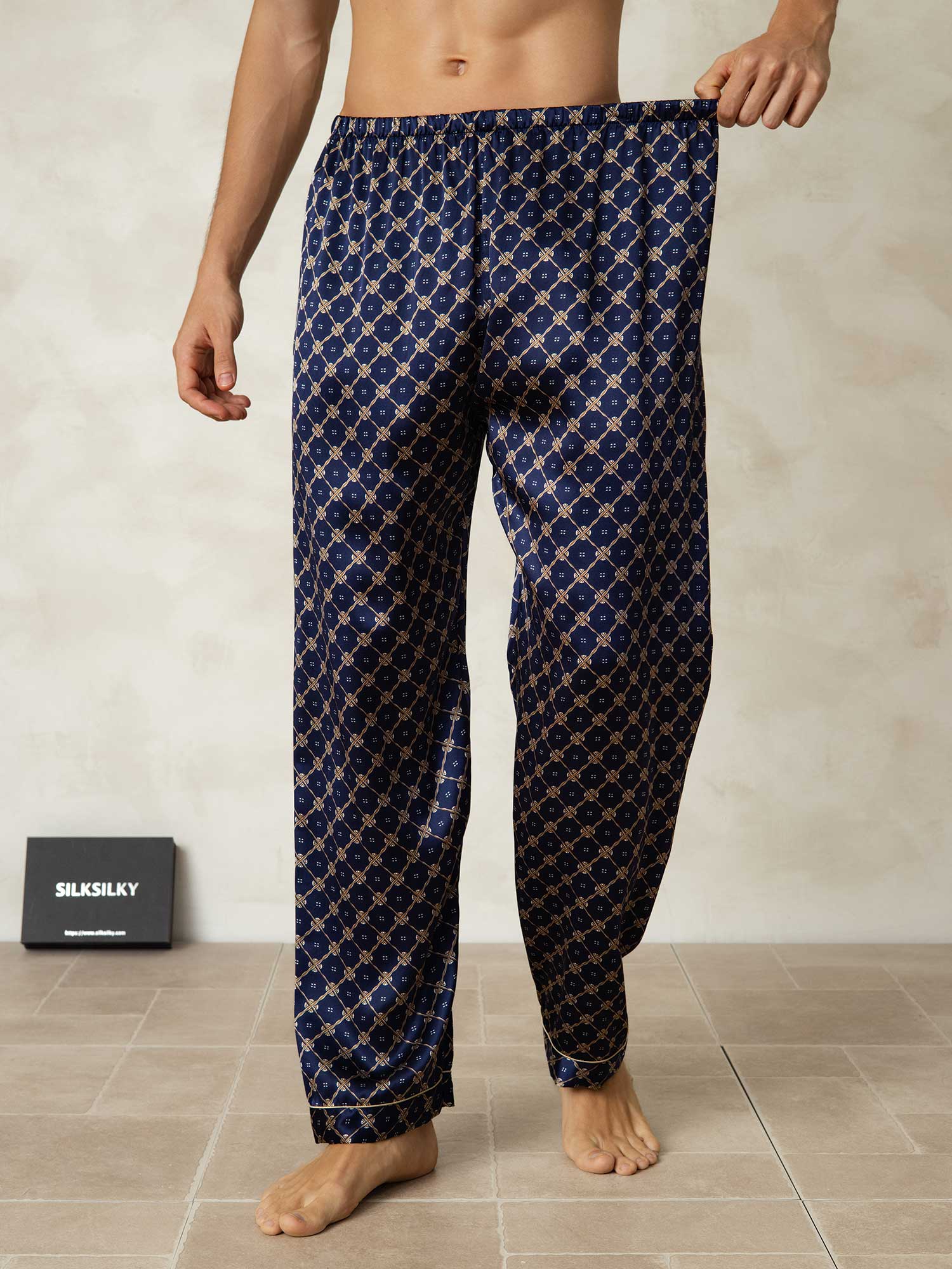 Pantalon De Nuit Pour Homme En Soie Pure Imprimé Chaîne Marine Avec Taille Élastique - Image 3