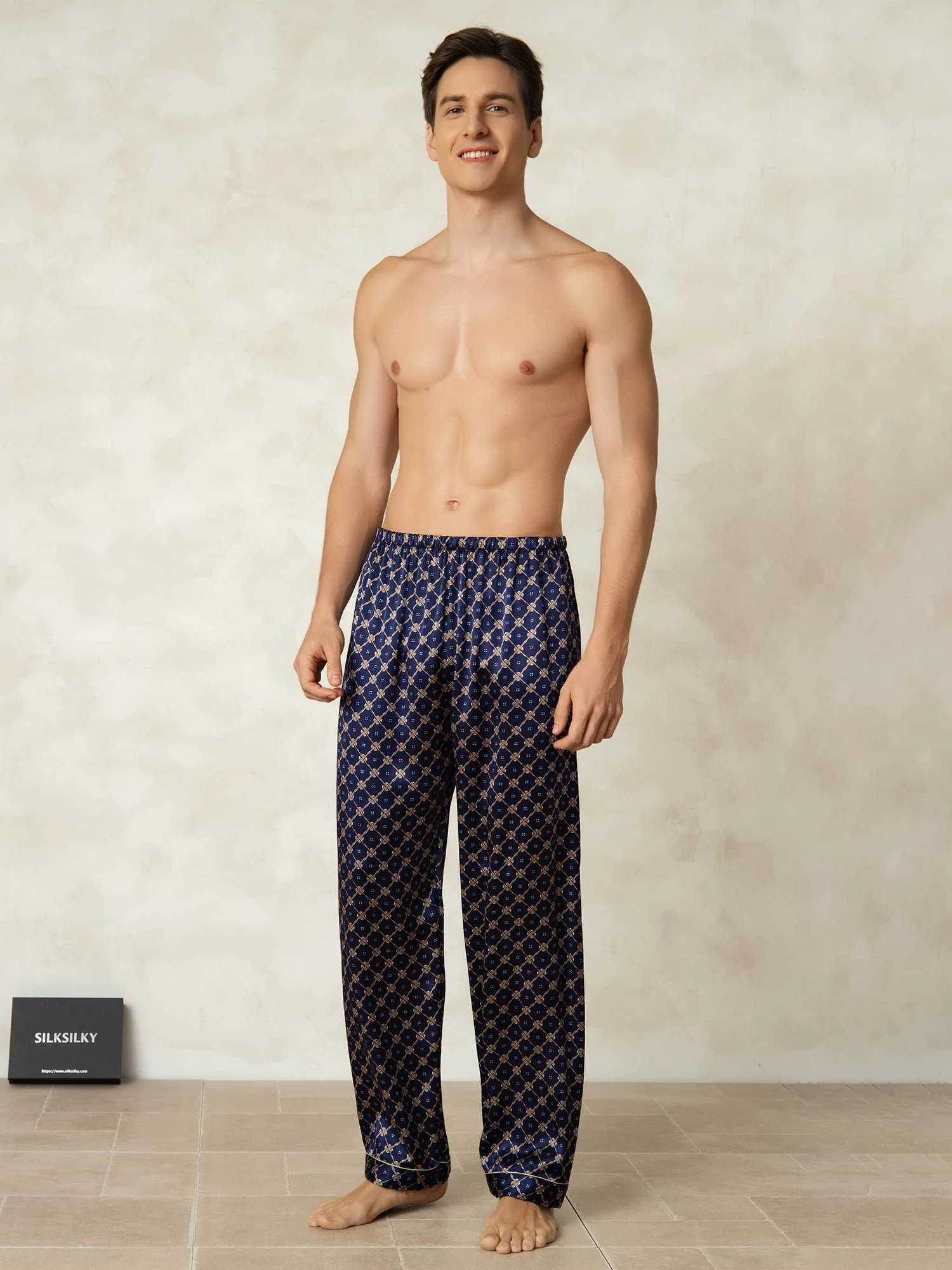 Pantalon De Nuit Pour Homme En Soie Pure Imprimé Chaîne Marine Avec Taille Élastique - Image 4