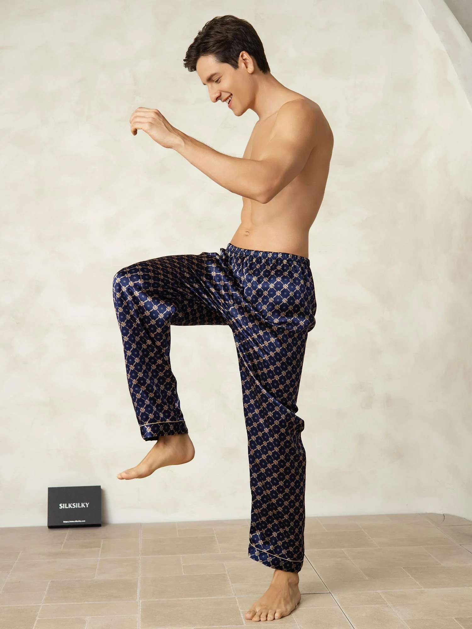 Pantalon De Nuit Pour Homme En Soie Pure Imprimé Chaîne Marine Avec Taille Élastique - Image 5