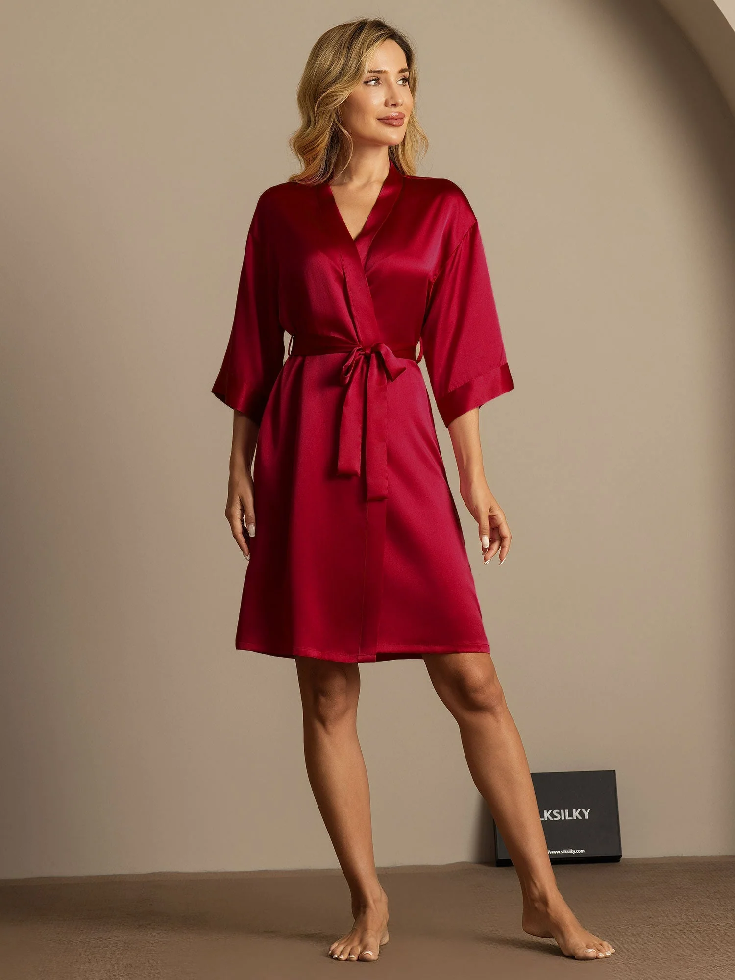 Peignoir Kimono Croisé en 100% Soie de Mûrier avec Manches 3/4 pour Femmes - Image 11