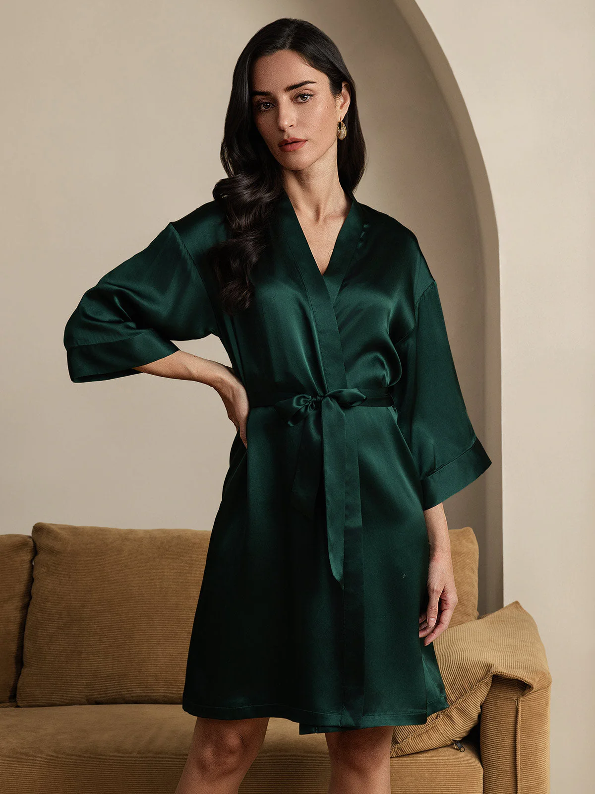 Peignoir Kimono Croisé en 100% Soie de Mûrier avec Manches 3/4 pour Femmes - Image 21