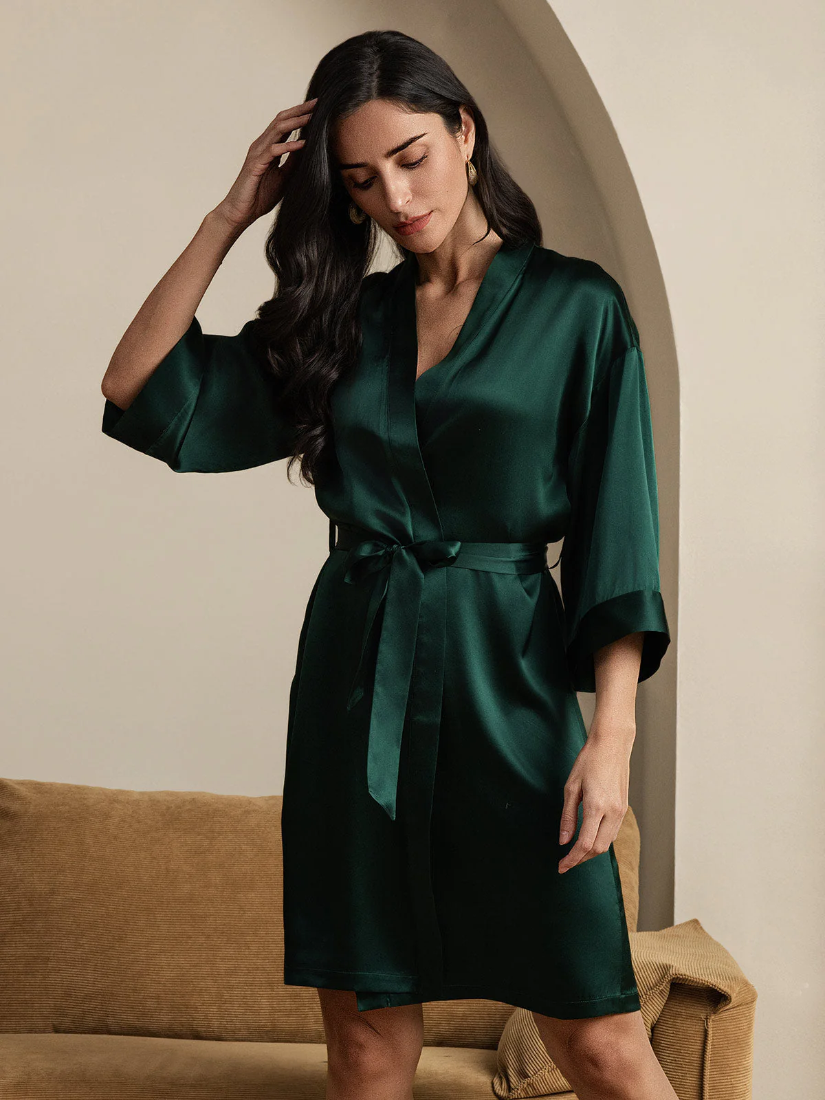 Peignoir Kimono Croisé en 100% Soie de Mûrier avec Manches 3/4 pour Femmes - Image 24