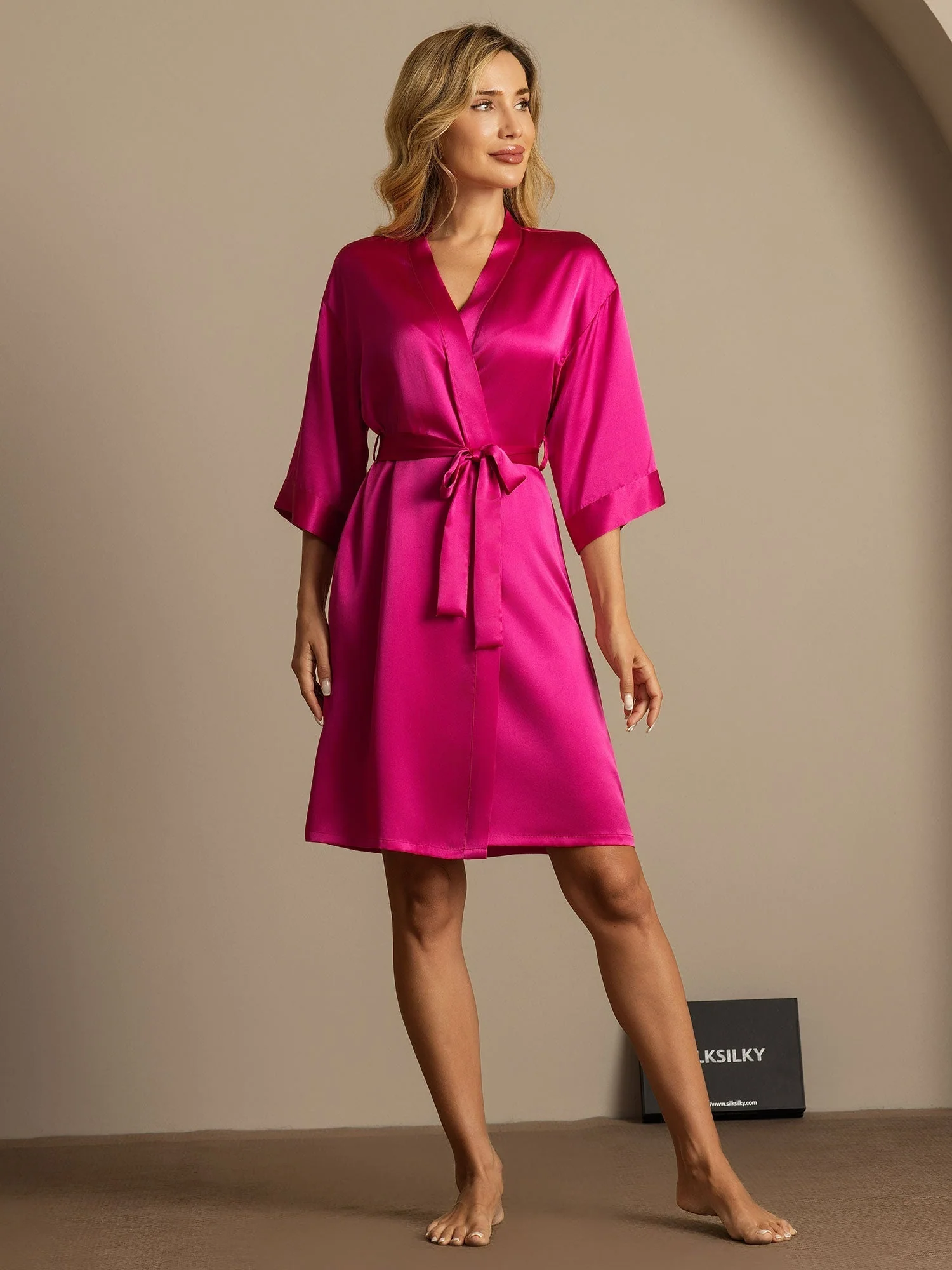 Peignoir Kimono Croisé en 100% Soie de Mûrier avec Manches 3/4 pour Femmes - Image 56