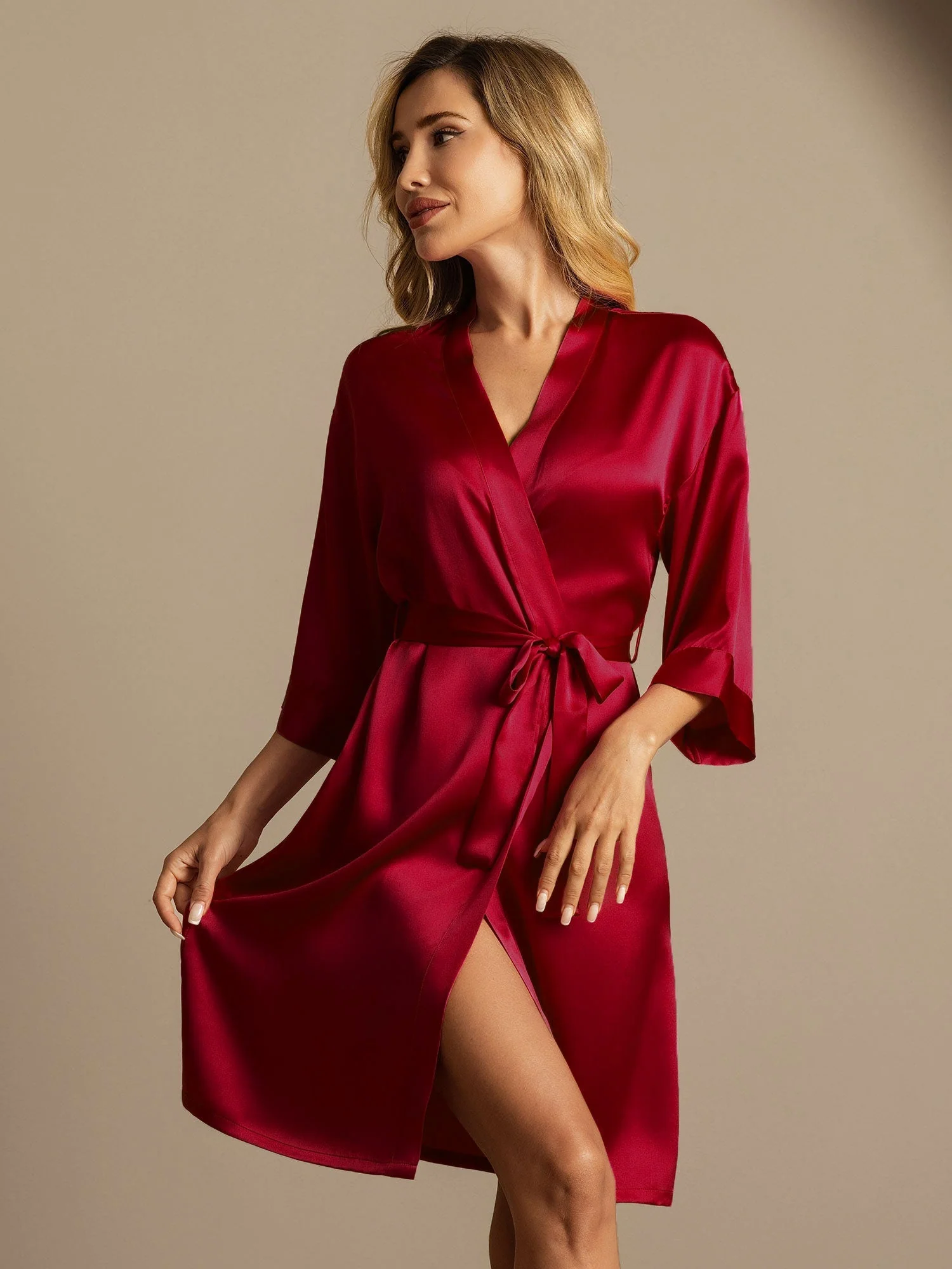 Peignoir Kimono Croisé en 100% Soie de Mûrier avec Manches 3/4 pour Femmes - Image 8