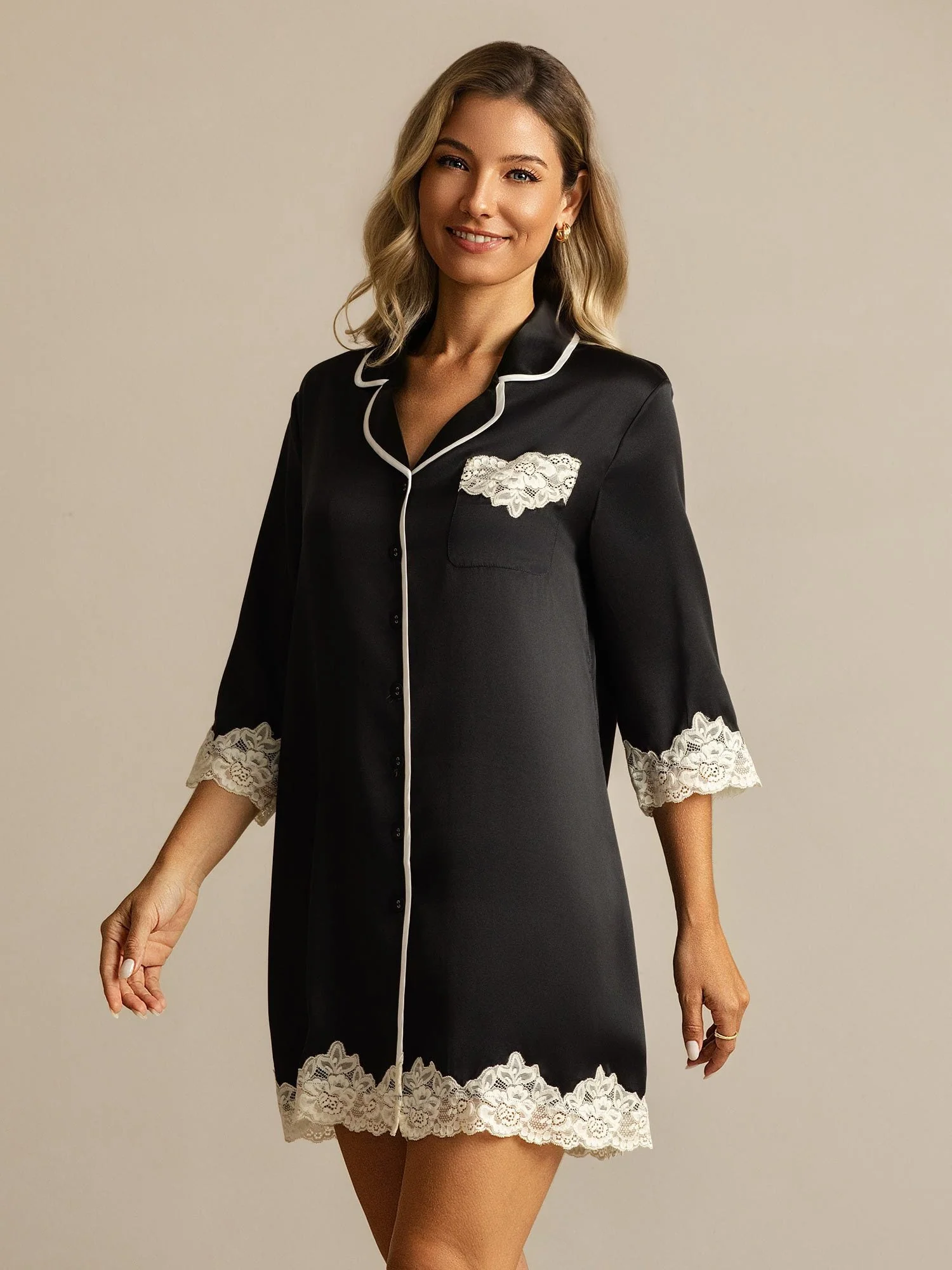 Chemise de Nuit en Pure Soie à Boutons avec Design Dentelle - Image 24