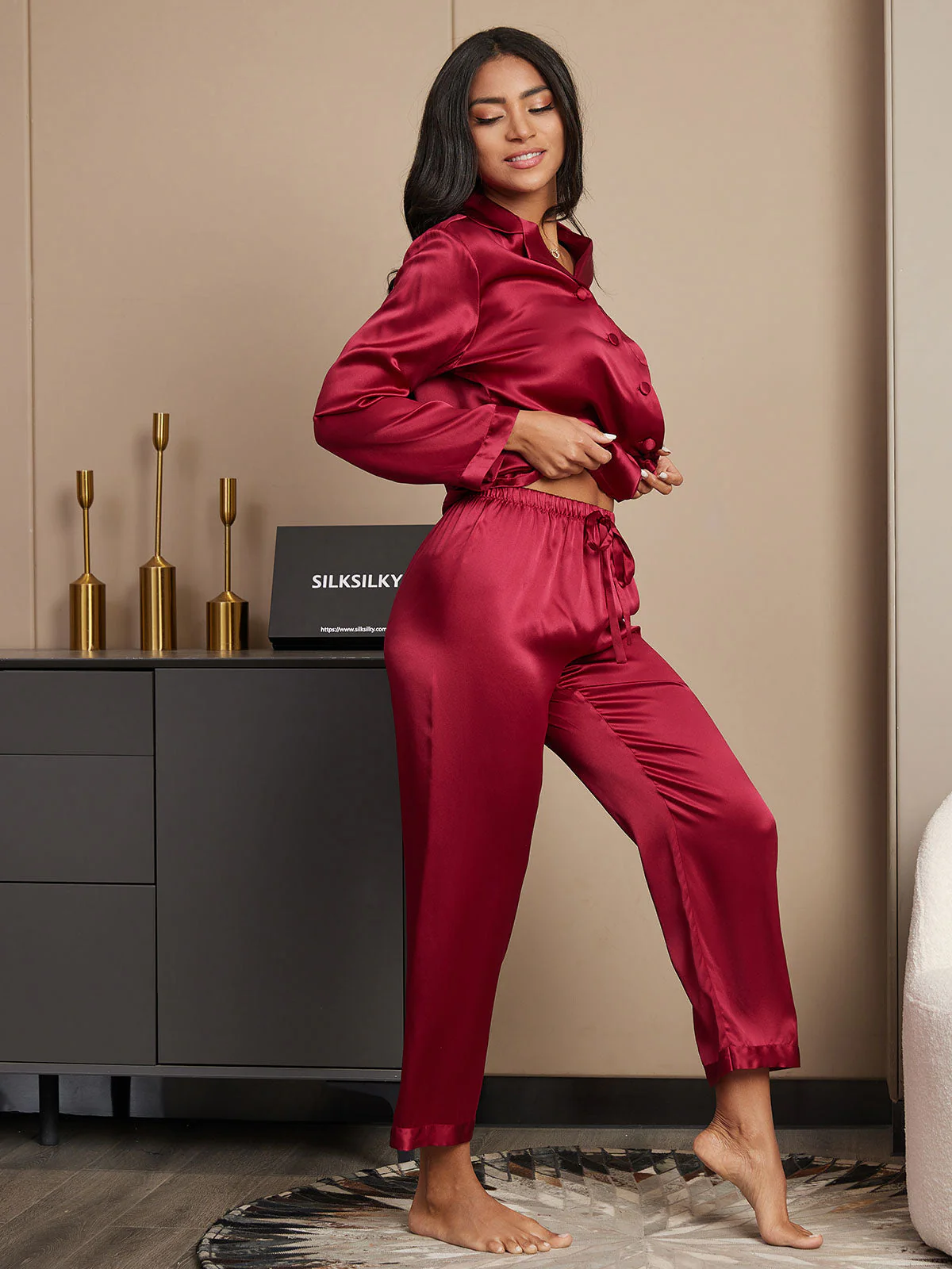 Femme Pyjamas Pure Soie Boutons - Image 41