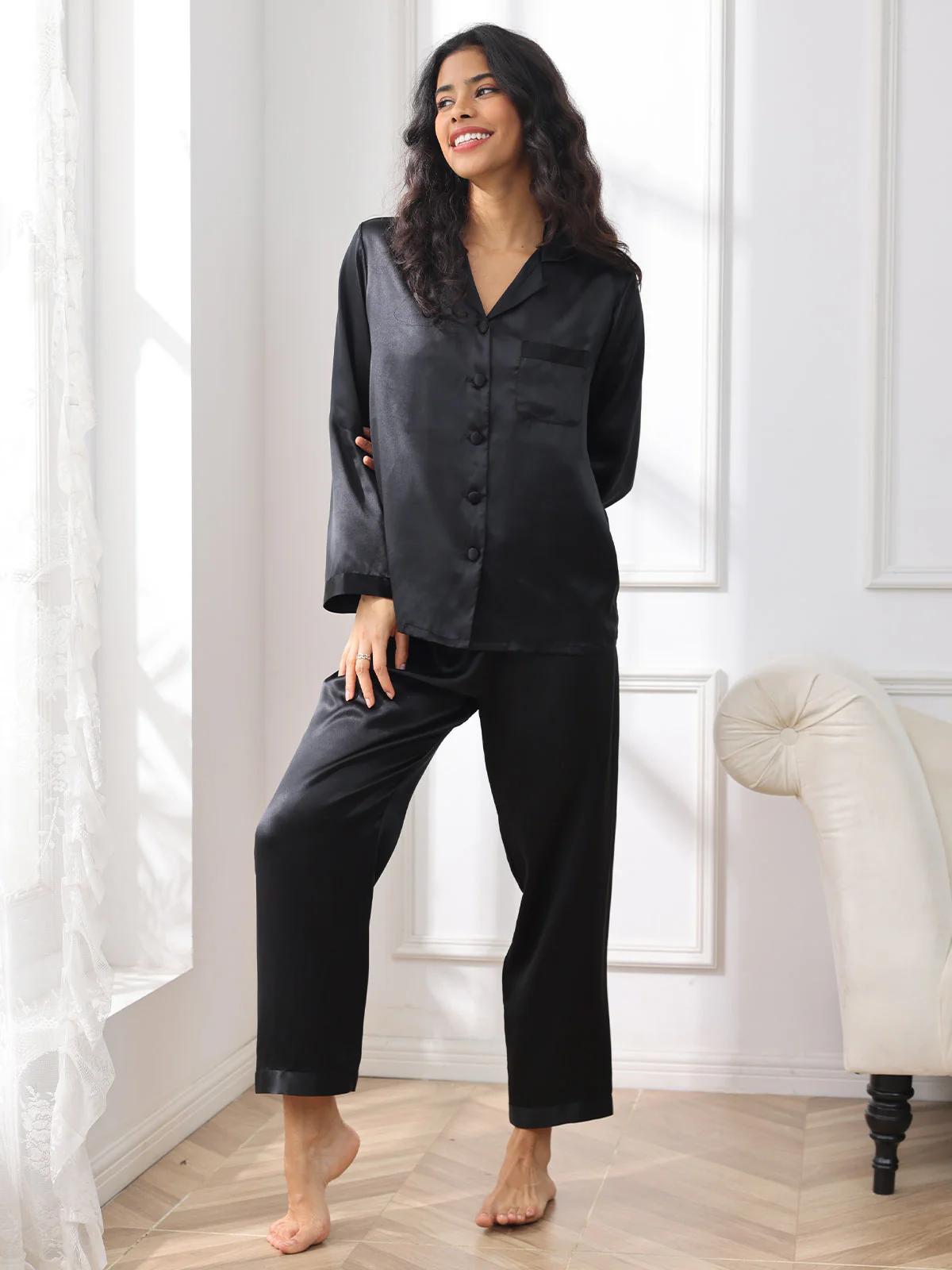 Femme Pyjamas Pure Soie Boutons - Image 45