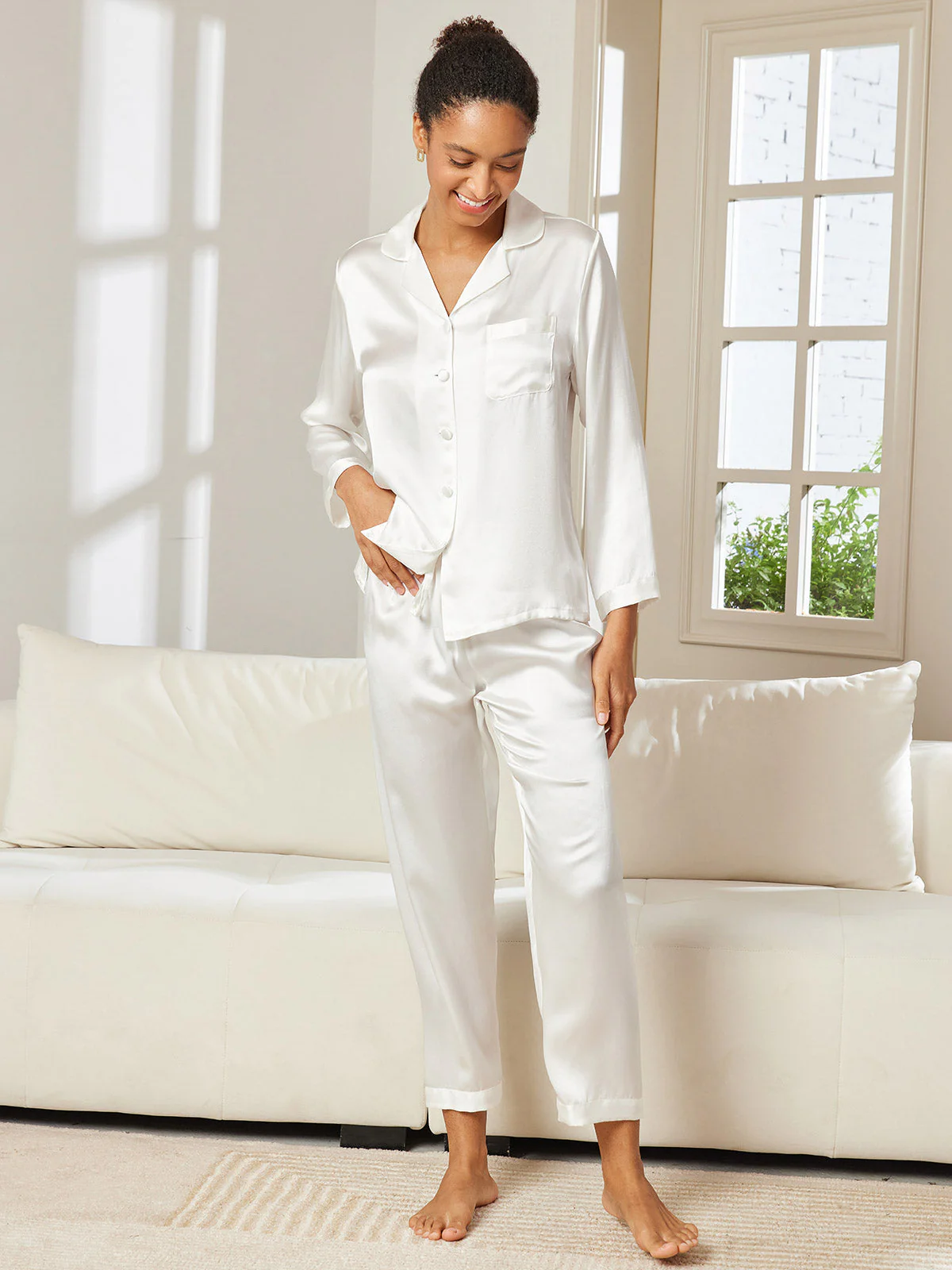 Femme Pyjamas Pure Soie Boutons - Image 48