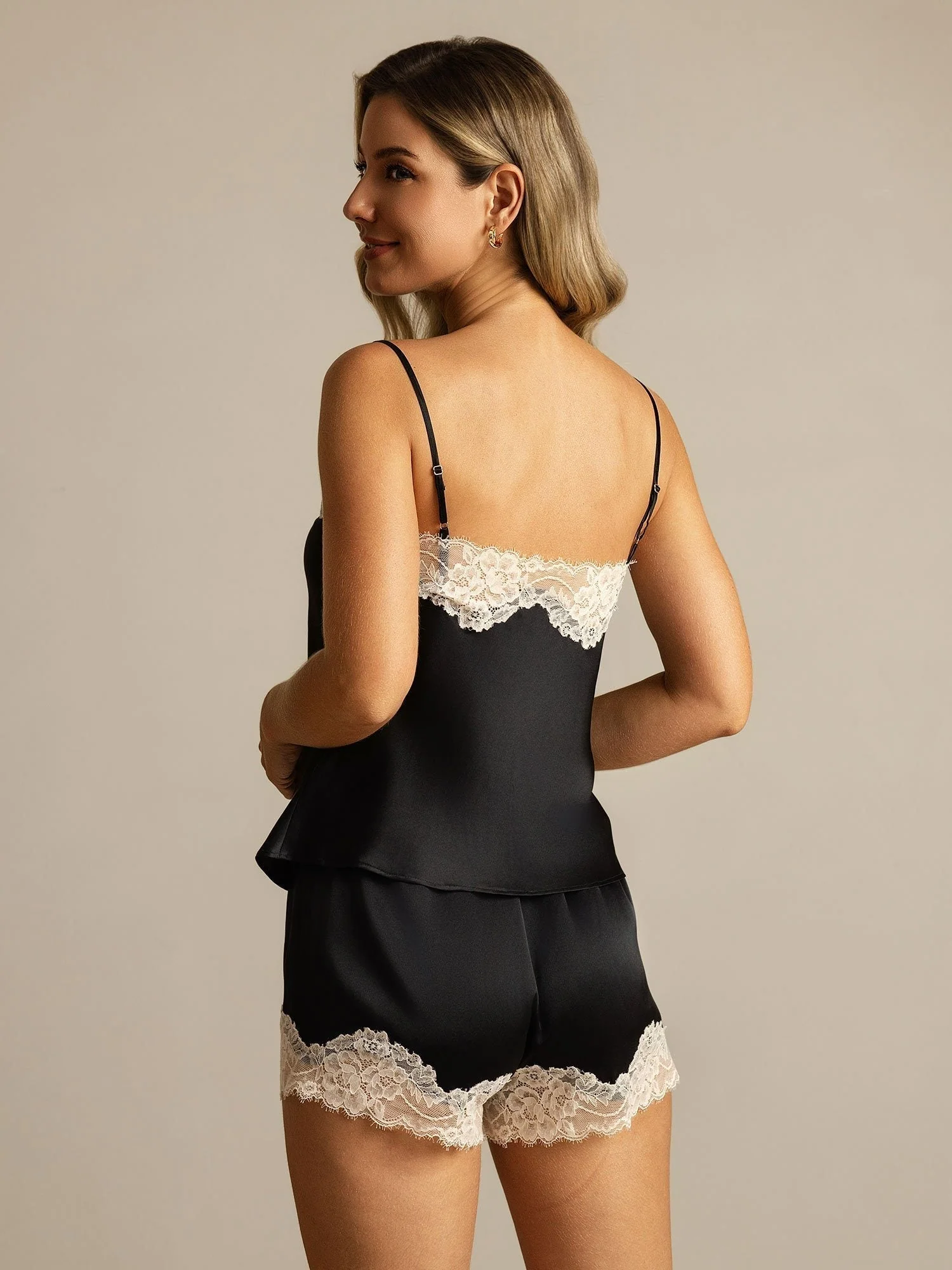 Ensemble En Soie Pure À Bretelles Fines Et Décolleté En V Avec Dentelle - Image 2