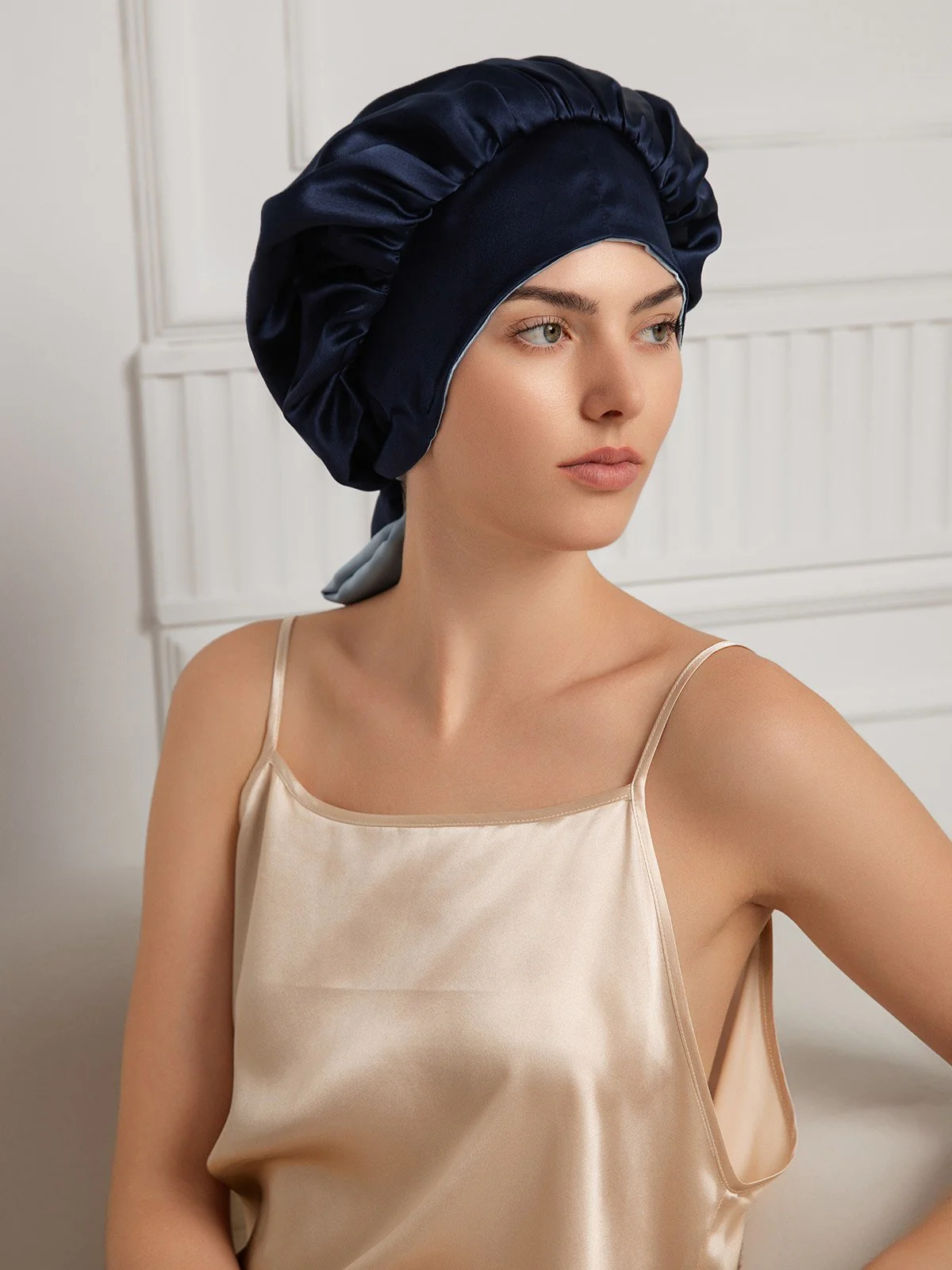 Bonnet de nuit décontracté en soie pure avec longues rubans(Bicolore et réversible) - Image 16