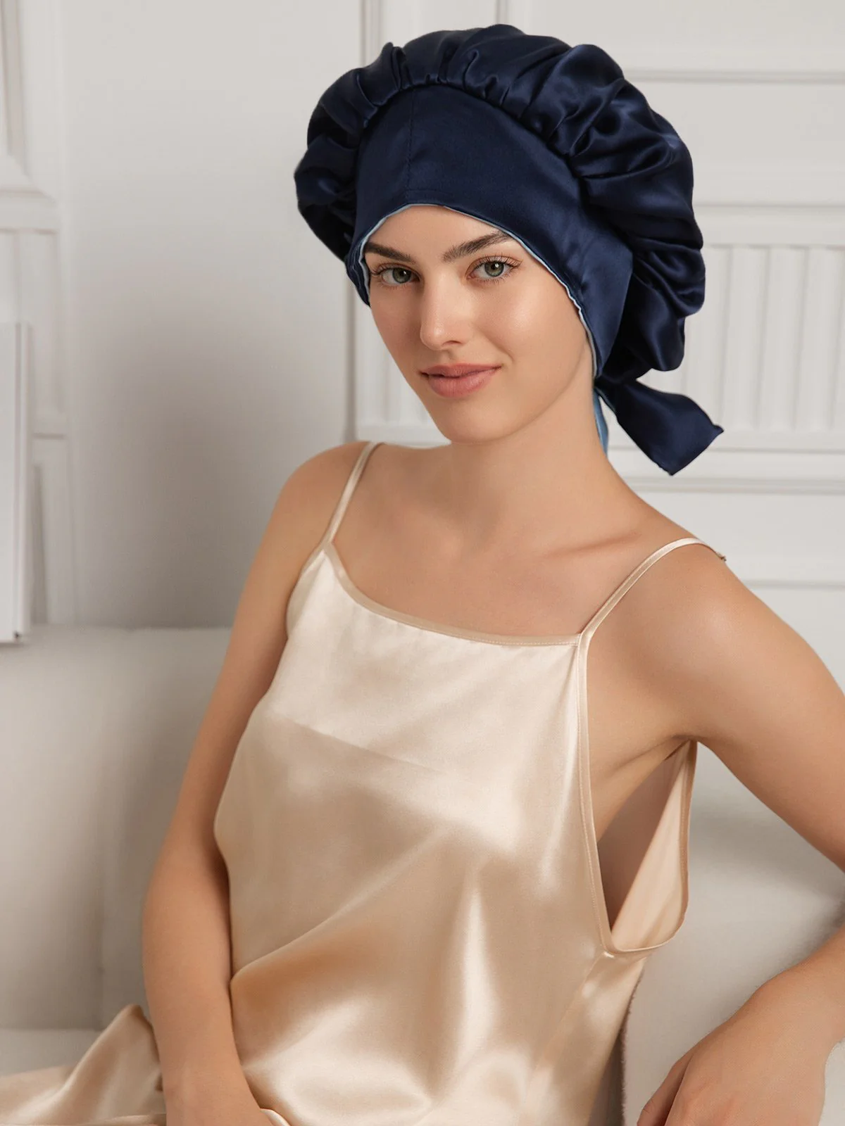 Bonnet de nuit décontracté en soie pure avec longues rubans(Bicolore et réversible) - Image 17