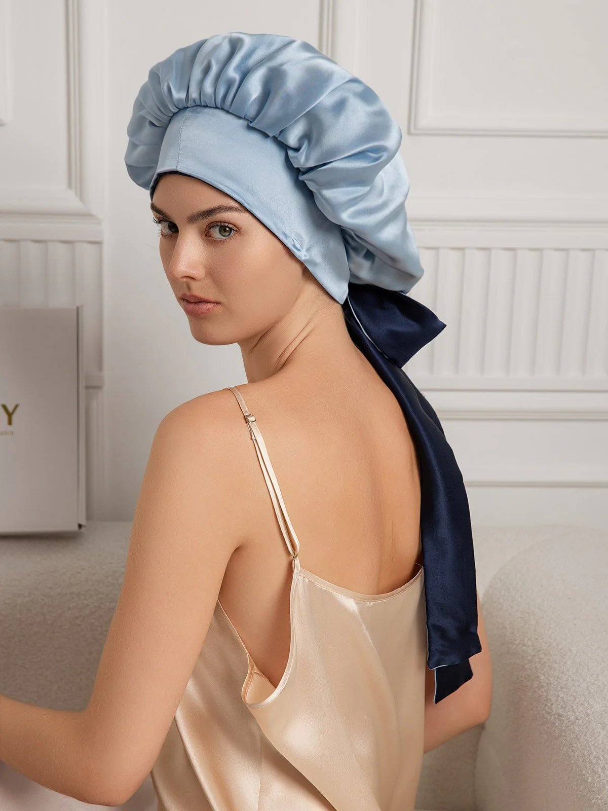 Bonnet de nuit décontracté en soie pure avec longues rubans(Bicolore et réversible) - Image 19